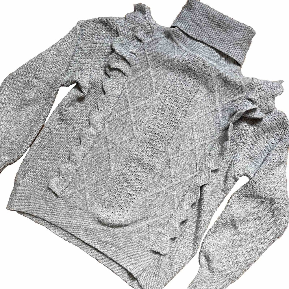 Design History Ruffle Turtleneck Sweater Gray Cable Knit Pullover Womens Small